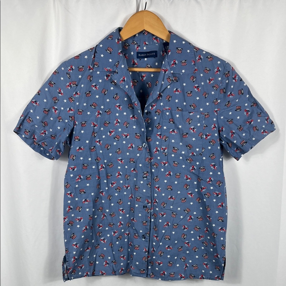 Vintage Karen Scott Women’s Blue Button Casual Shirt USA 4th of July Pattern Sm